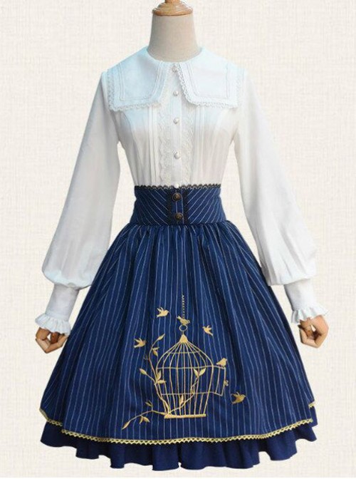 Birdcage Embroidery Vintage Stripe Blue Chiffon Classic Lolita Skirt  |  Skirts