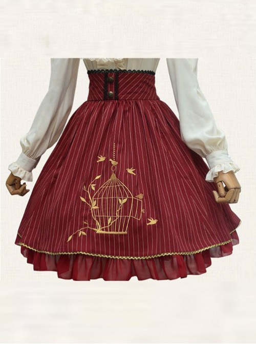 Birdcage Embroidery Vintage Stripe Wine Red Chiffon Classic Lolita Skirt  |  Skirts