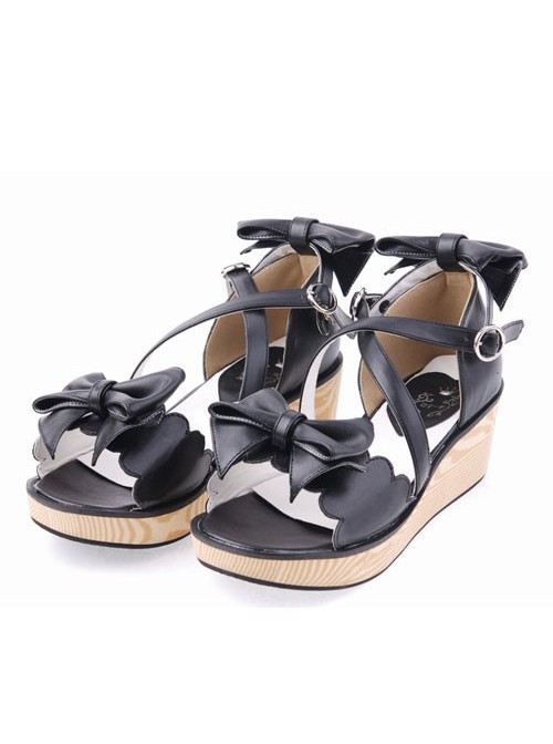 Black 2.1″ Heel High Lovely PU Point Toe Bowknot Platform Lady Lolita Sandals  |  Lolita Sandals