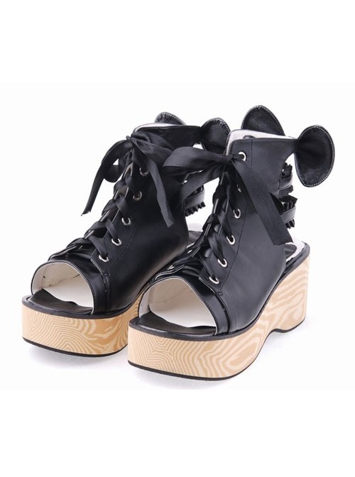 Black 2.7″ Heel High Romatic PU Point Toe Cross Straps Platform Lady Lolita Sandals  |  Lolita Sandals