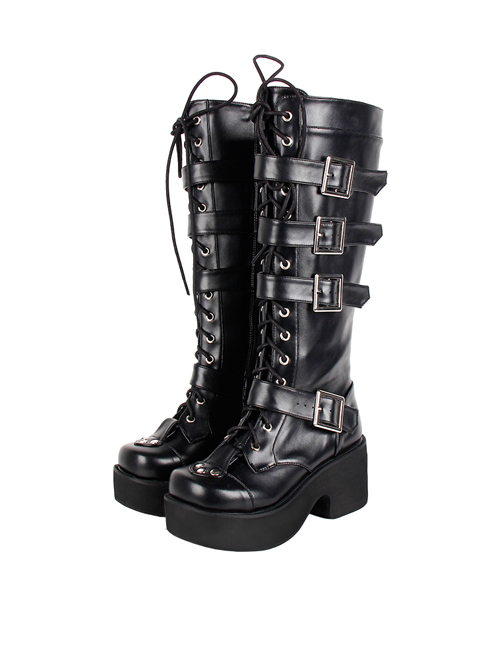 Black 2.8″ Heel High Beautiful PU Point Toe Cross Straps Platform Girls Lolita Boots  |  Lolita Boots