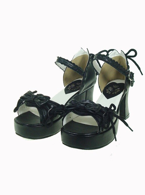 Black 2.9″ Heel High Beautiful PU Point Toe Bow Platform Girls Lolita Sandals  |  Lolita Sandals