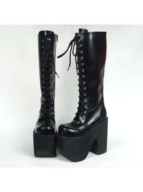 Black 6.0″ Heel High Elegant PU Point Toe Cross Straps Platform Lady Lolita Boots  |  Lolita Boots