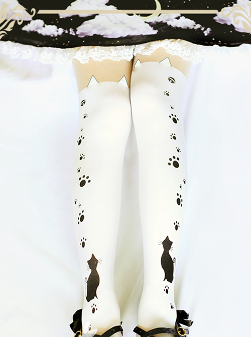 Black And White Cute Cat Bells Sweet Lolita Pantyhose  |  Lolita Socks