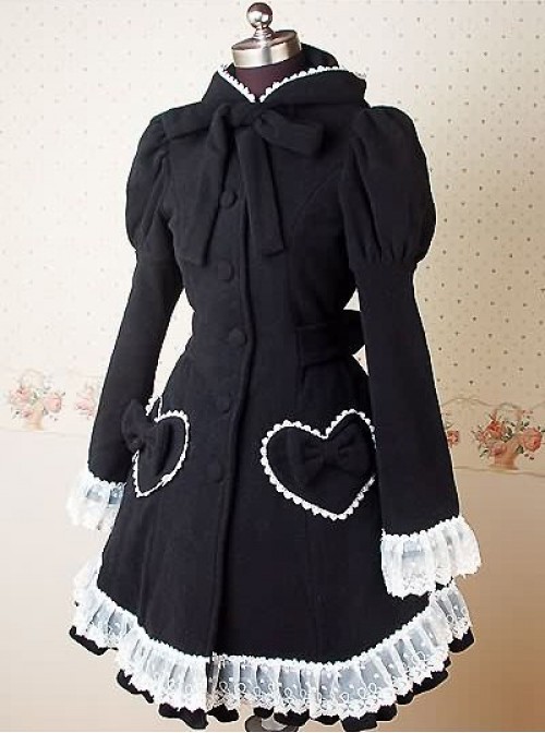 Black and White Long Puff Sleeves Bow Lace Lolita Coat  |  Coat & Jacket