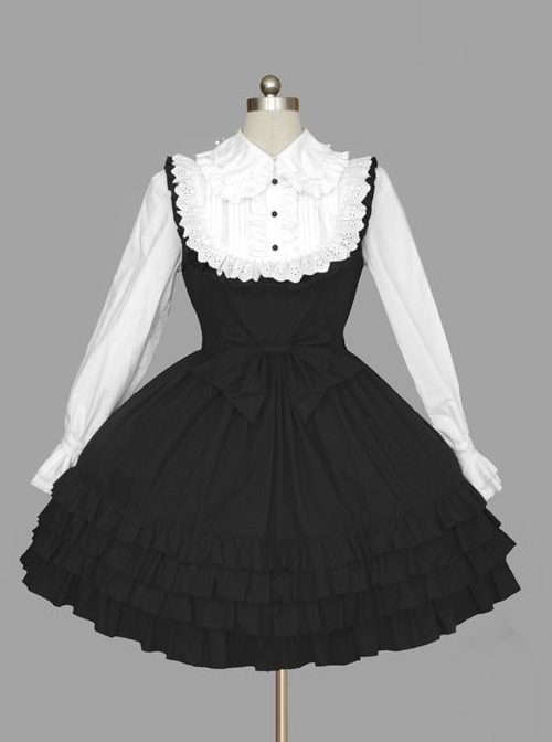 Black And White Long Sleeves Cotton Classic Lolita Dress  |  Classic Lolita Dresses