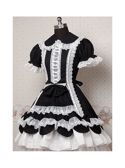 Black and White Puff Short Sleeves Ruffle Bow Lolita Dress  |  Classic Lolita Dresses