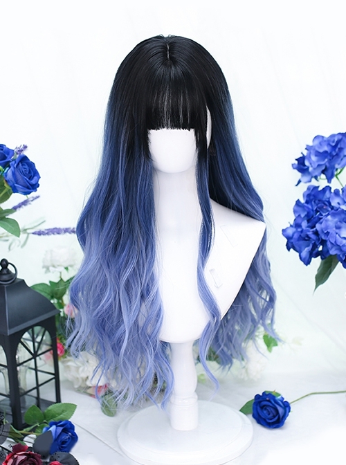 Black Blue Gradient Fashion Qi Bangs Big Wavy Long Curly Hair Classic Lolita Wig  |  Wigs