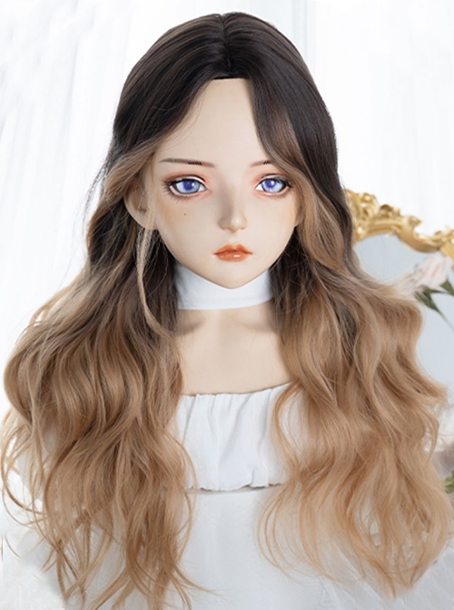 Black Brown Gradient Milk Tea Gold Fashion Middle Part Cute Gradient Long Curly Hair Classic Lolita Wig  |  Wigs