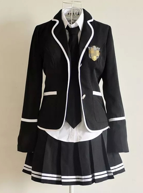 Black Campus Style Suit And Tie Badge Decoration Female College Jk Uniform Set  |  Skirts