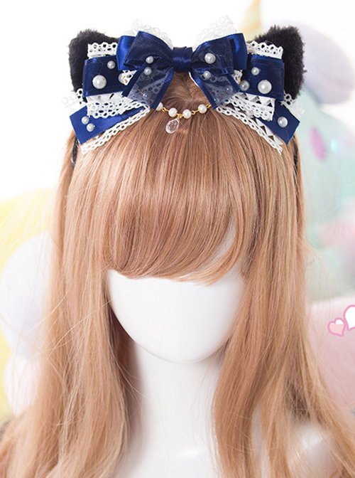 Black Cat Ears Pearl Lace Bowknot Bead Chain Sweet Lolita Head Band  |  Lolita Headbands