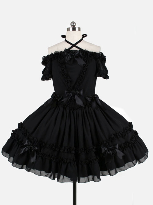 Black Chiffon Binding Strap Off-the-shoulder Classic Lolita Dress  |  Classic Lolita Dresses