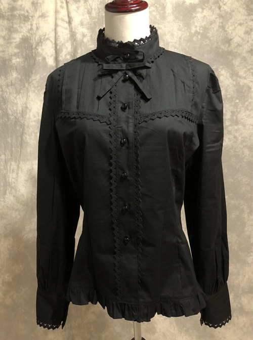 Black Cotton Lace Stand-up Collar Long Sleeves Classic Lolita Shirt  |  Blouses