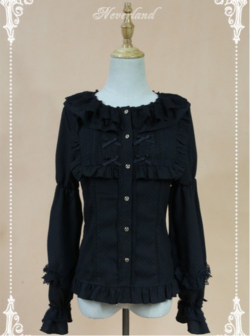 Black Doll Collar Lantern Sleeve Bowknot Lolita Blouse  |  Blouses