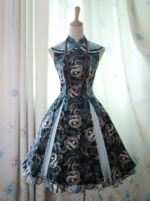 Black Dragon Chinese Style Lolita Sleeveless Dress  |  Classic Lolita Dresses