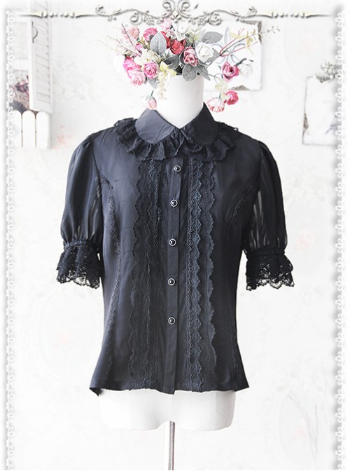 Black Elegance Lace Glass Stripes Short Sleeve Lolita Shirt  |  Blouses