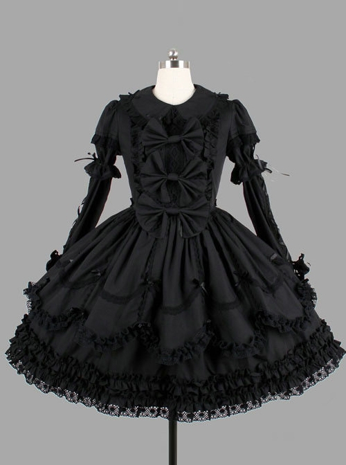 Black Elegant Bows Cotton Gothic Lolita Long Sleeve Dress  |  Plus Size Lolita Dresses