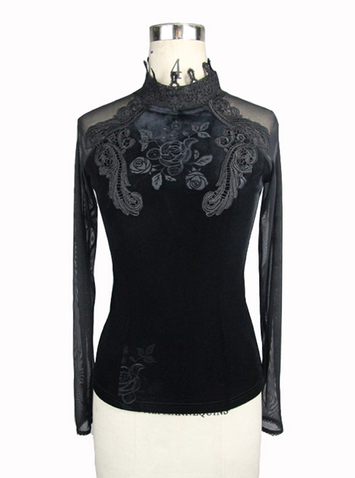 Black Embroidered Slim High Collar Retro Gothic Women’ Long Sleeve T-shirt  |  Gothic & Punk Tops