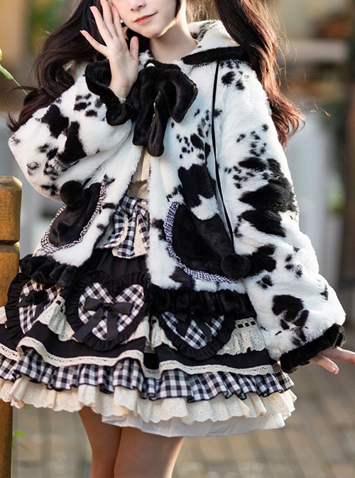 Black Face Sheep Series Bowknot Black White Plush Cute Sweet Lolita Short Hooded Coat  |  Coat & Jacket