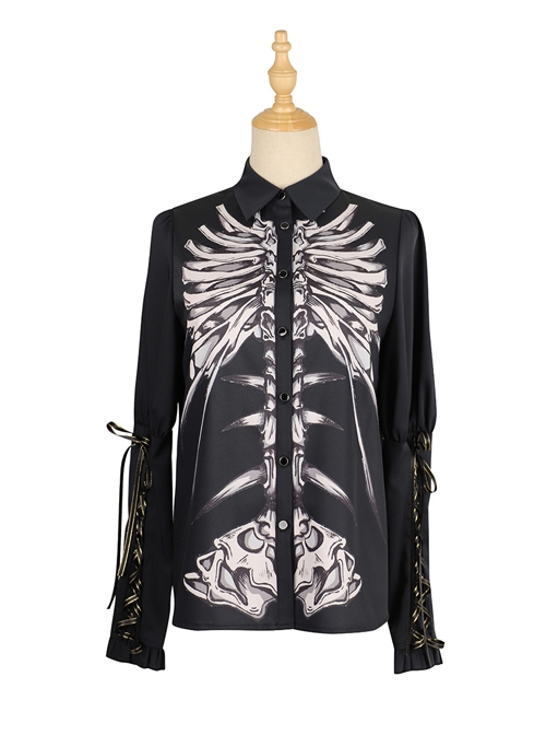 Black Fairy Tale Series Darkness Skeleton Printing Retro Gothic Lolita Long Sleeve Shirt  |  Blouses