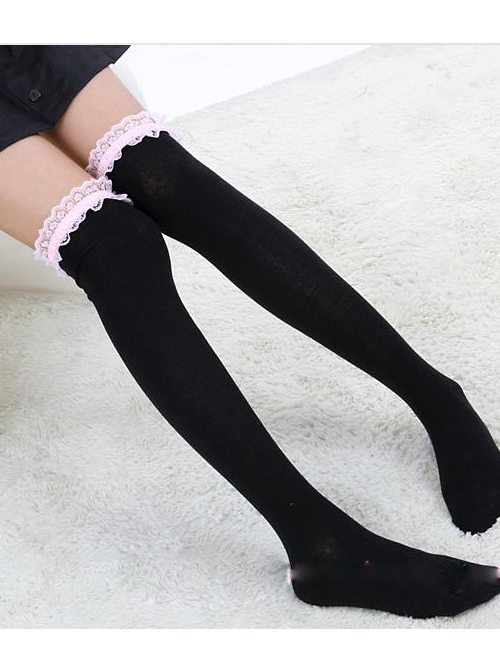 Black Fashion Lovely Pink Lace Sweet Lolita Knee Stockings  |  Lolita Socks