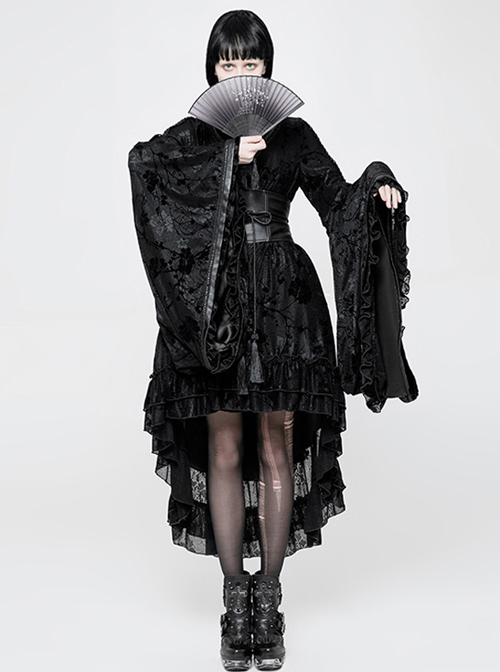 Black Flocking Printing Gothic Lolita Kimono Dress  |  Gothic & Punk Dresses