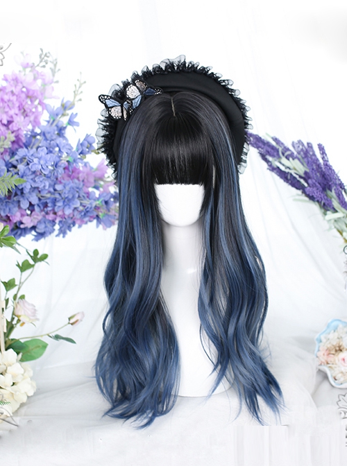 Black Gradient Blue Long Large Wave Curly Wig Classic Lolita Wigs  |  Wigs