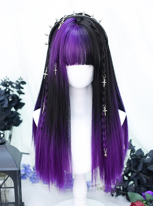 Black Gradient Purple Girl Internet Celebrity Fashion Long Straight Hair Punk Lolita Wig  |  Wigs