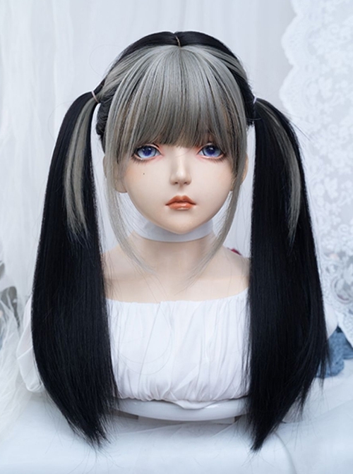 Black Gray Mixed Long Straight Hair Flat Bangs Handsome Hot Girl New Chinese Style Full Gothic Lolita Head Wig  |  Wigs