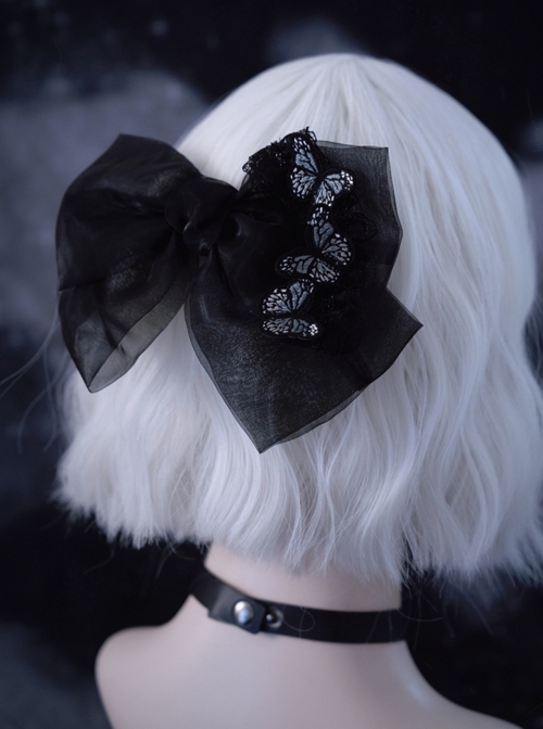 Black Handwork Organza Simple All-Match Three-Dimensional Butterfly Embroidery Gothic Lolita Hair Clip  |  Lolita Hairpins