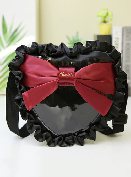 Black Heart Shape Pleated Ruffle Trim Red Big Bow Knot Decoration Classic Lolita Kid Messenger Bag  |  Kids Bag