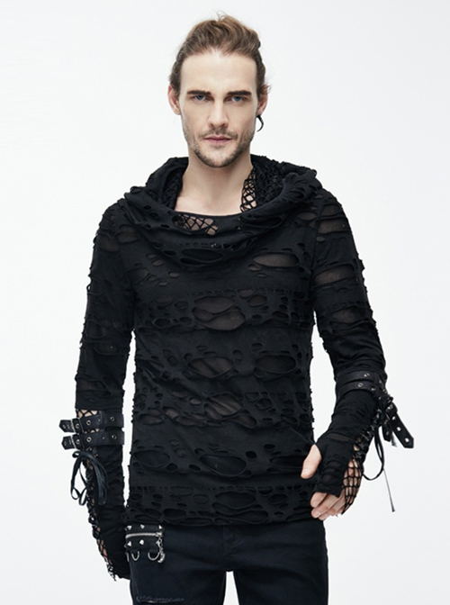 Black Hooded Hollowed Out Element Men’ Long Sleeve T-shirt  |  Gothic & Punk Tops