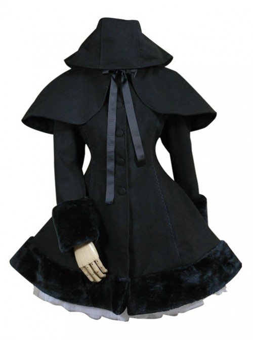 Black Hooded Shawl Corset Binding Bands Lovely Lolita Woolen Coat  |  Coat & Jacket