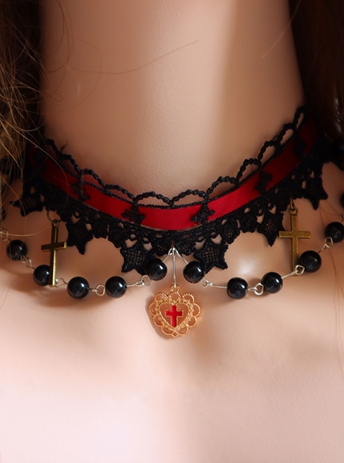 Black Jacquard Embroidered Lace Trim Metal Cross Decoration Heart Shape Design Gothic Lolita Necklace  |  Lolita Necklaces