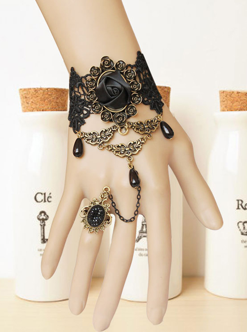 Black Lace And Rose Retro Lolita Bracelet And Ring  |  Lolita Wrist Straps