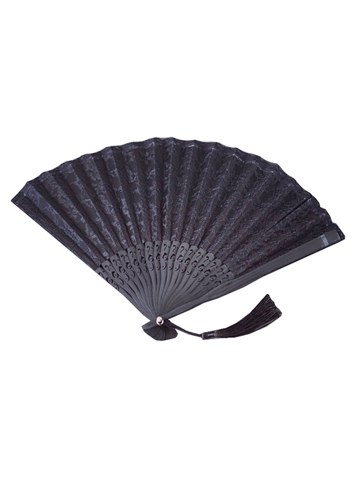 Black Lace Hollow Openable Fan Tassel Decorated Gothic Lolita Fan  |  Lolita Fans