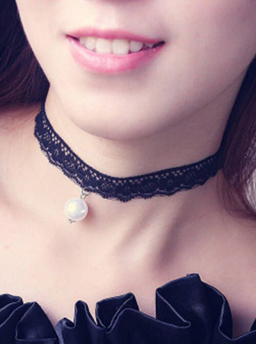 Black Lace Pearl Pendant Girls Lolita Choker  |  Lolita Necklaces