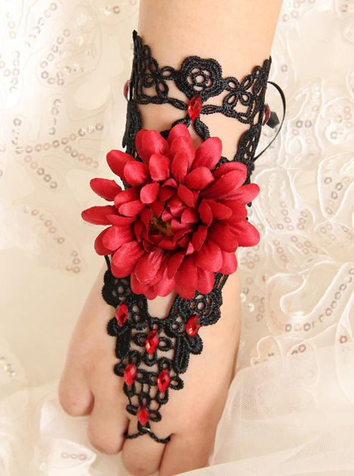 Black Lace Red Flower Girls Lolita Wrist Strap  |  Lolita Wrist Straps