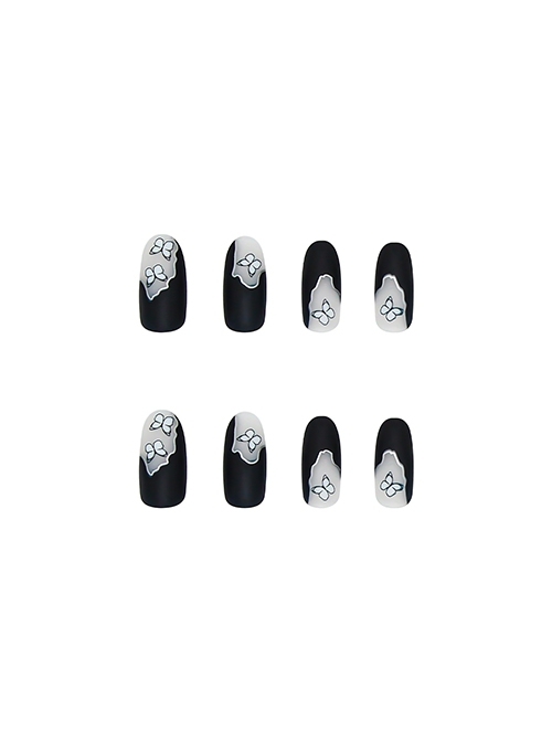 Black Matte Butterfly Sweet Cool Finished Disposable Manicure Nail Pieces  |  Nails