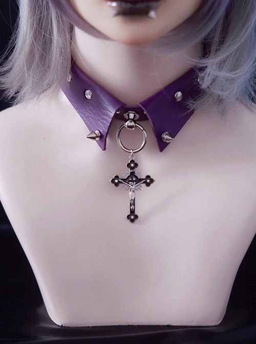 Black Metal Cross Handmade Purple Leather Metal Studs False Collar Punk Lolita Necklace  |  Lolita Necklaces