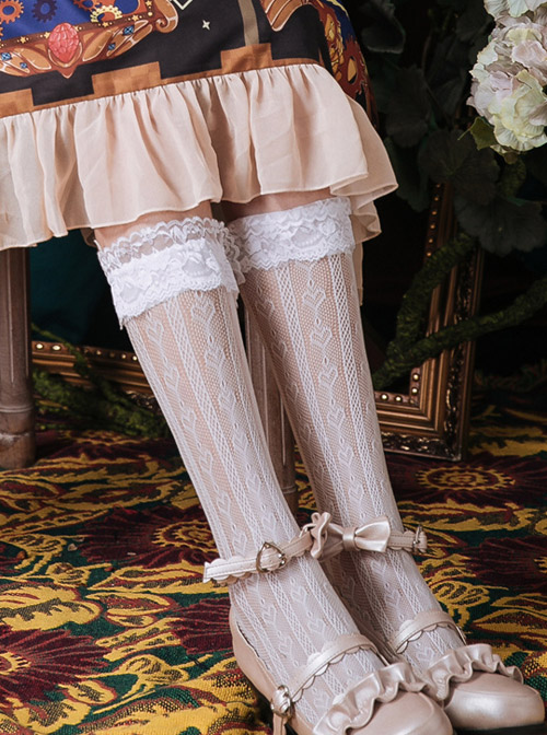 Black Or White Hollowed Out Love Heart-shape Lace Lolita Middle Tube Socks  |  Lolita Socks