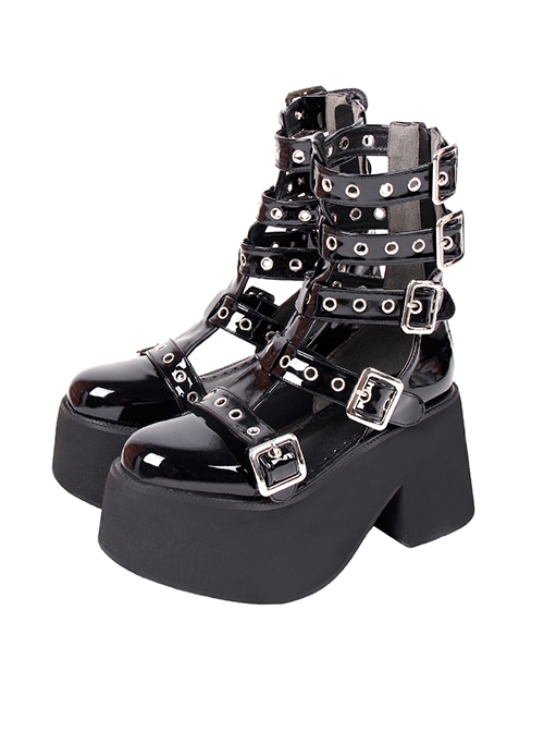 Black Patent Leather Round Metal Ring Square Buckle Strap Design Punk Style Platform Lolita Sandals  |  Lolita Sandals