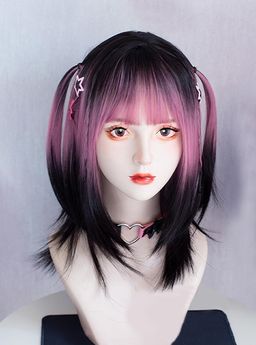 Black Pink Gradient Dye Landmine Sweet Cool Girl Millennium Hottie Y2K Sweet Lolita Long Straight Wig  |  Wigs