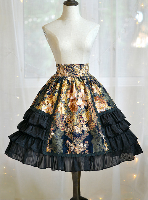 Black Retro Bronzing Flower Wall Printing Classic Lolita Skirt  |  Skirts