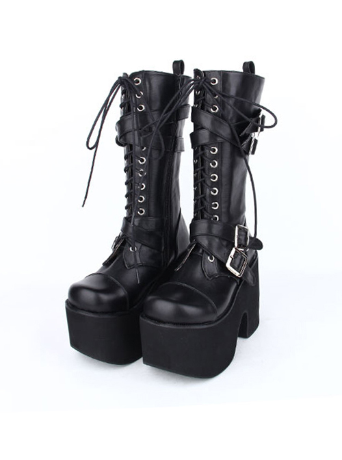 Black Round-toe Patent Leather Straps Buckles Gothic Lolita High Heel Boots  |  Lolita Boots