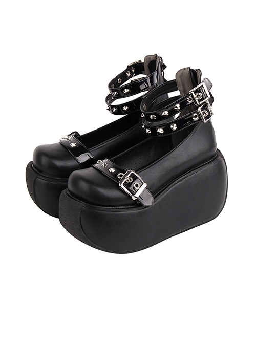 Black Round Toe Platform Metal Rivet Square Buckle Design Punk Platform Shoes  |  Gothic & Punk Footwear