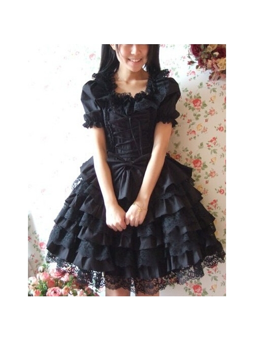 Black Short Sleeves Ruffle Sweet Cotton Lolita Dress  |  Plus Size Lolita Dresses