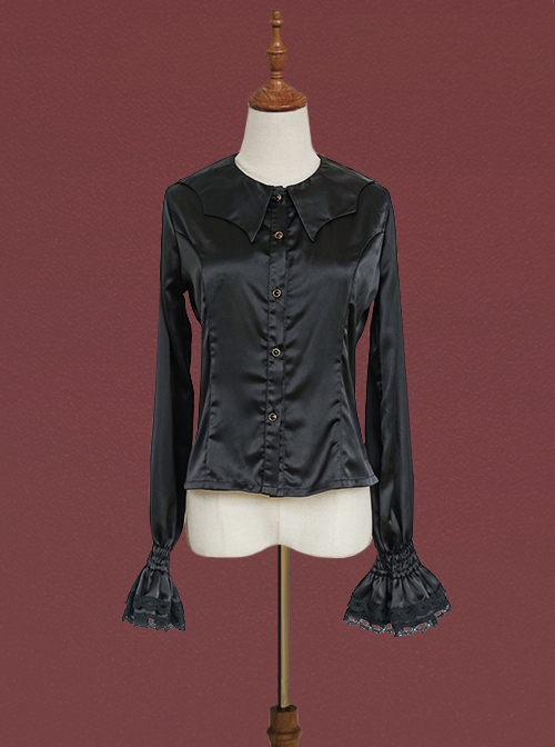 Black Simple Daily Lotus Leaf Neckline Design Gothic Lolita Long Sleeve Shirt  |  Blouses