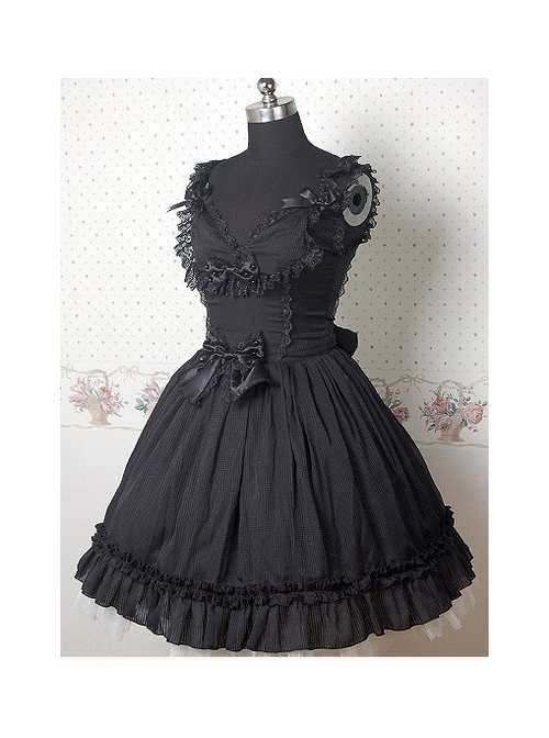 Black Sleeveless V-neck Frills Bow Lolita Dress  |  Classic Lolita Dresses