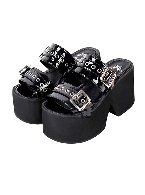 Black Summer Leather Square Buckle Punk Style Open Toe Platform Sandals  |  Lolita Sandals